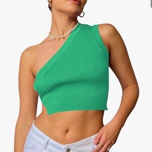 One-Shoulder Green Ribbed Crop Top - Women backless small